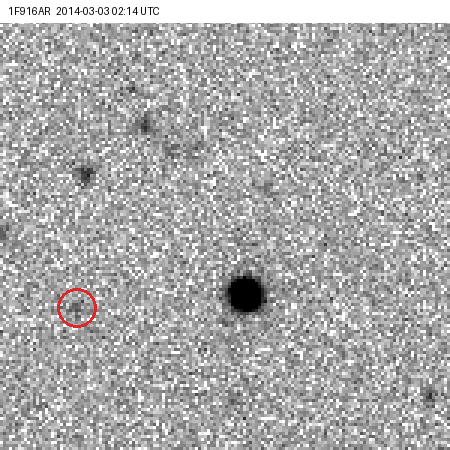 Four exposures on 3 March 2014; the stars stay fixed and a faint circled dot creeps across