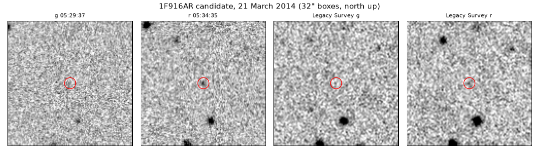 Four close-ups: the 21 March 2014 g and r images and the Legacy Survey g and r images of the same sky, centered on a faint dot